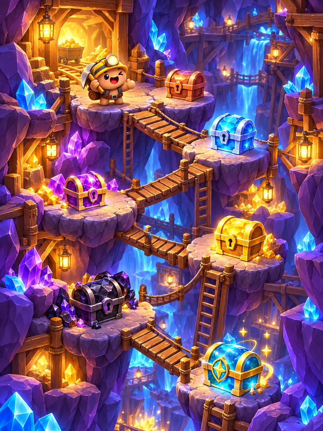 A winding crystal mine with six chest milestones